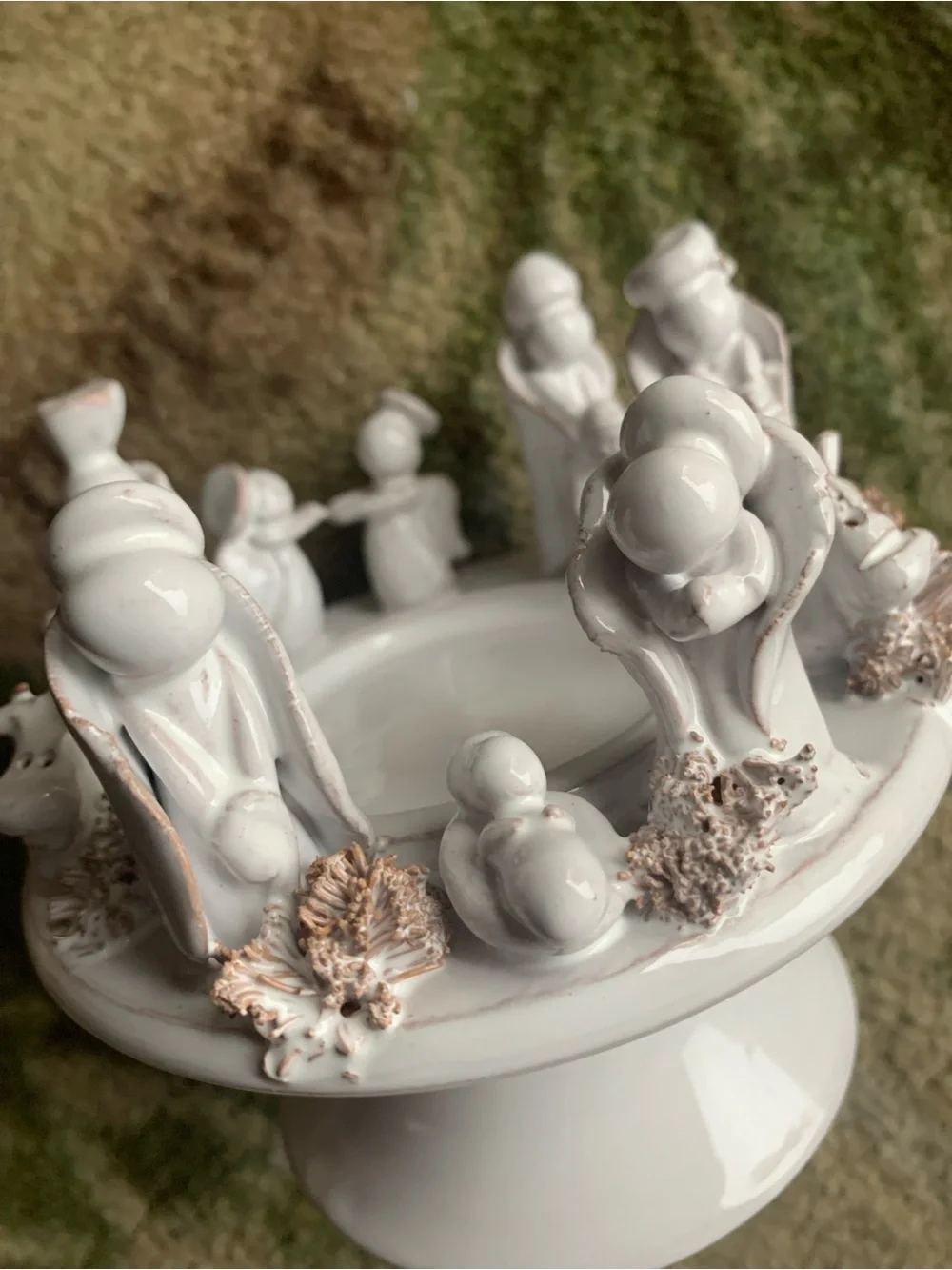 White Italian Ceramic Nativity Candle Holder with Gold Accents